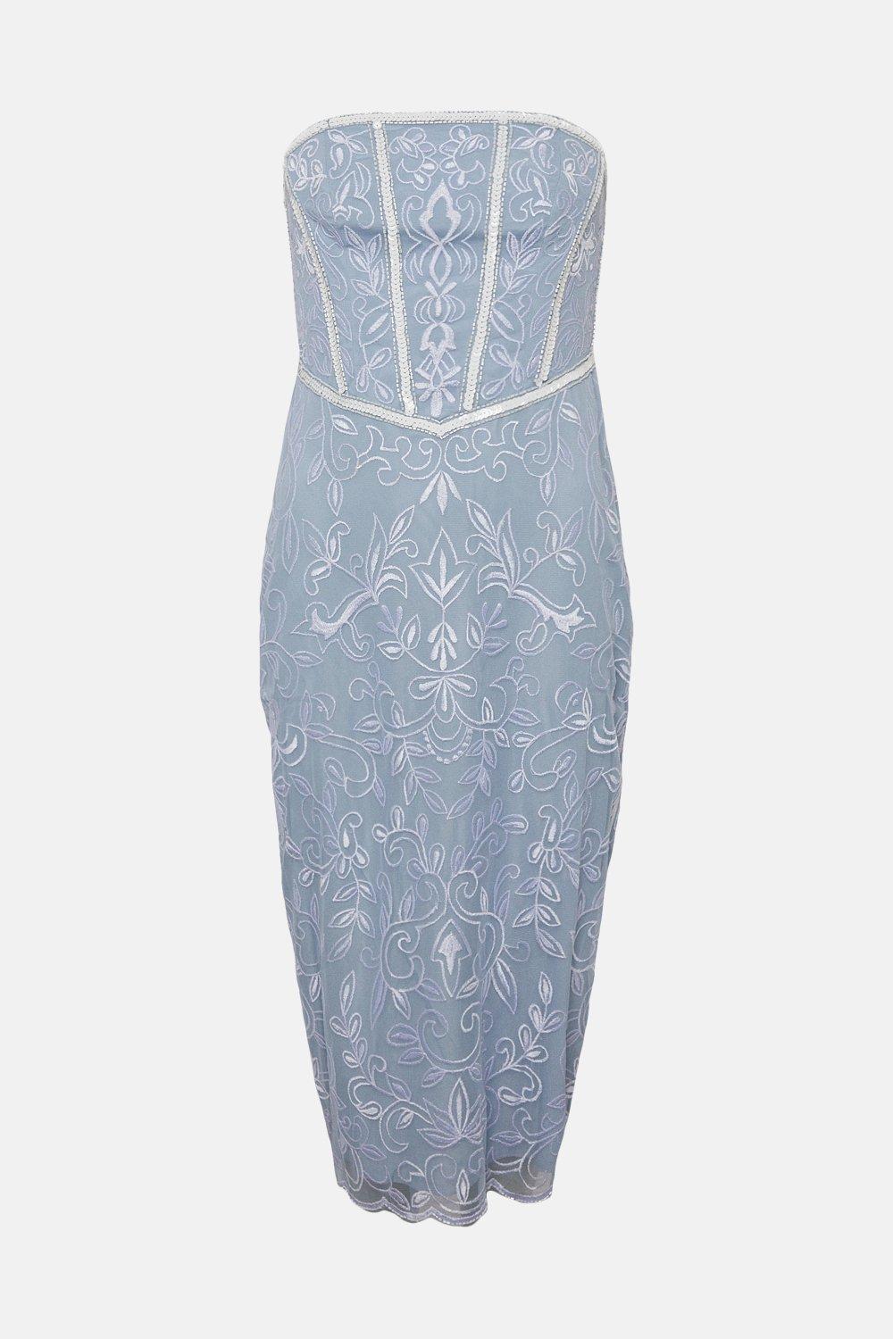 Dusty blue lace v bar bandeau midi sales dress